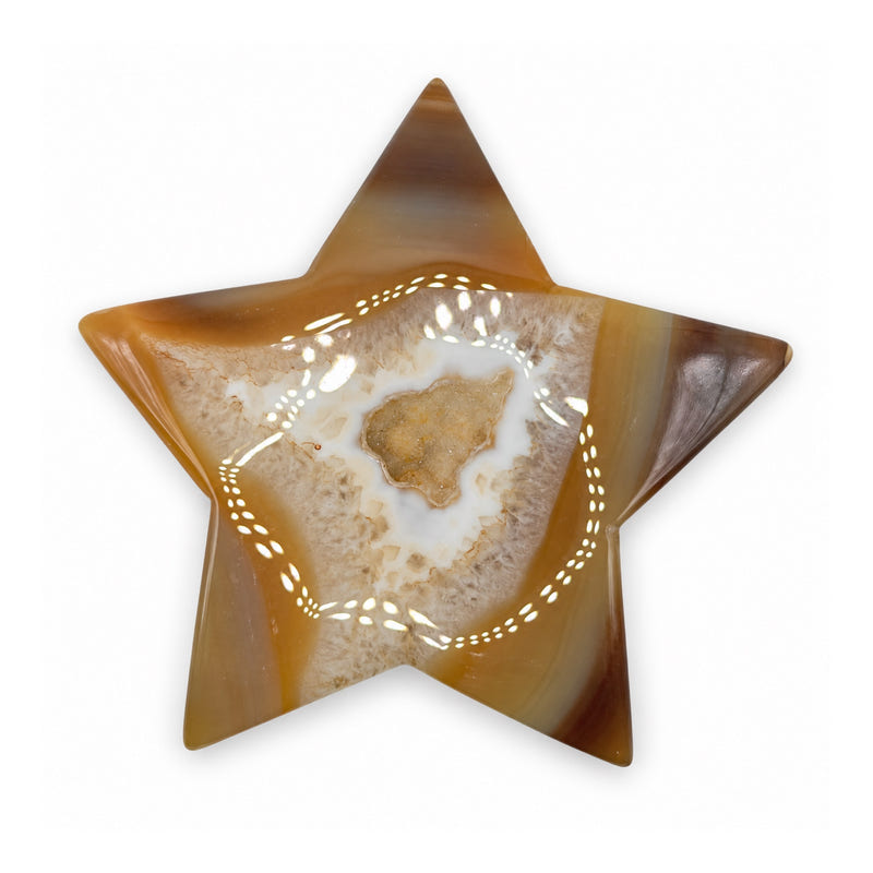 Five-pointed amber-brown stone star with a cream-white central pattern and a small golden crystalline patch.