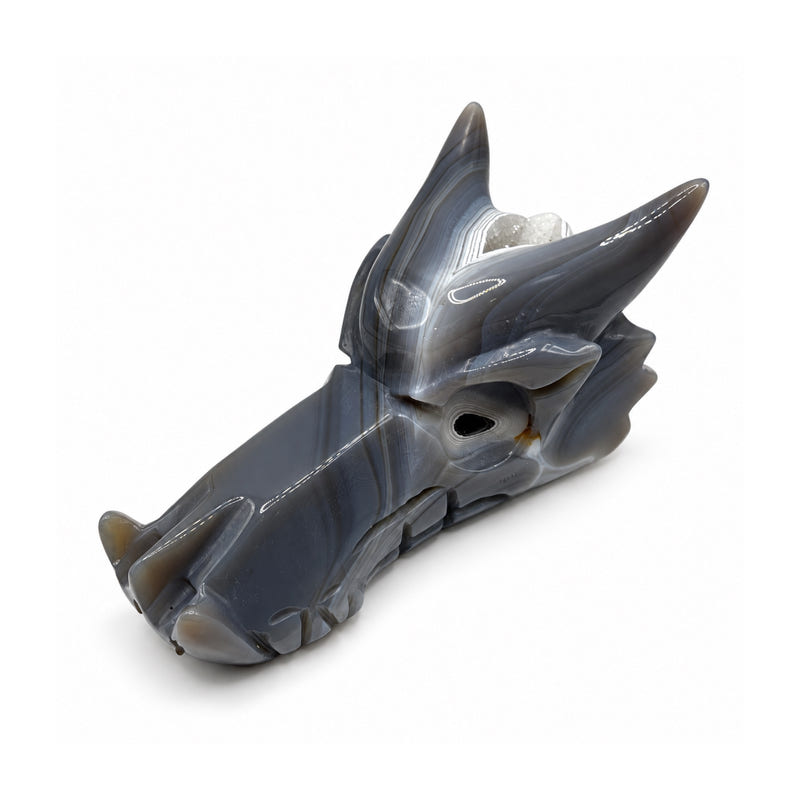 Polished gray stone dragon head facing left in three-quarter view, with long horns, white bands, and a small opening by the eye.