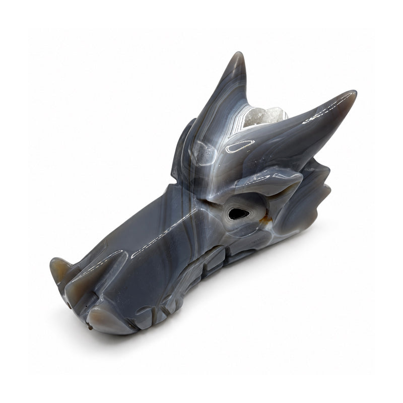Polished gray stone dragon head facing left in three-quarter view, with long horns, white bands, and a small opening by the eye.