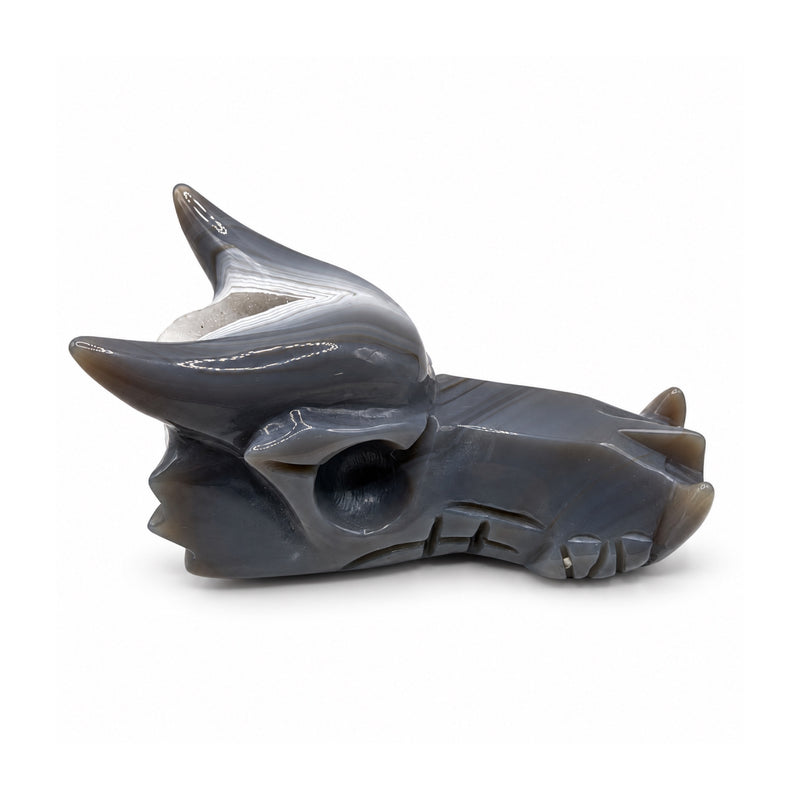 Right-facing profile of a polished gray stone dragon head with swept horns, a deep eye socket, and carved snout details.