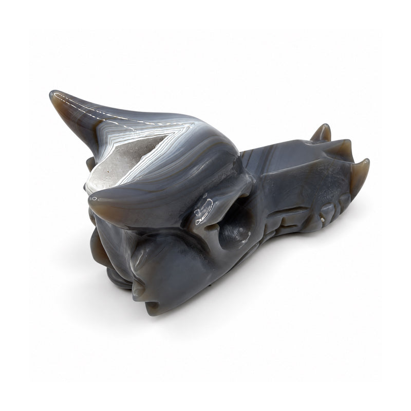 Rear three-quarter view of a polished gray stone dragon head with white crown bands, a crystal-lined cavity, and carved rear ridges.