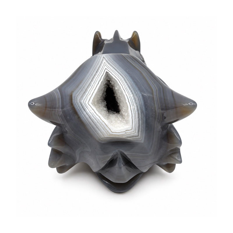Back view of a gray stone dragon head showing a pointed crystal-lined cavity, concentric white bands, and horns on both sides.