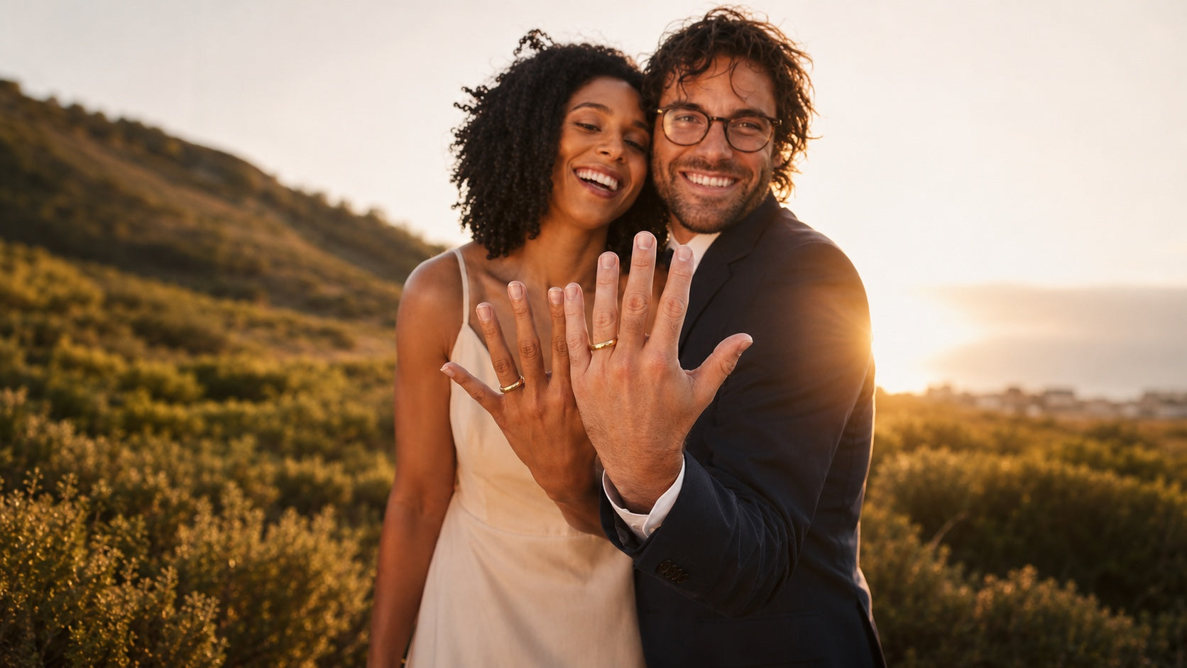 Couple in a vineyard at sunset.