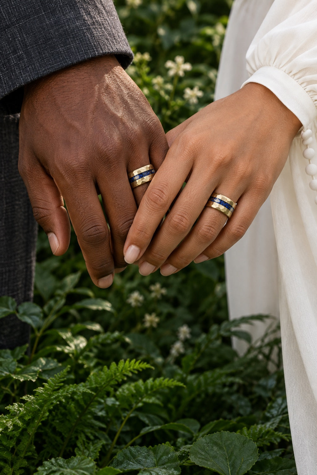 Two hands wearing matching hammered gold and blue inlay wedding bands in a garden